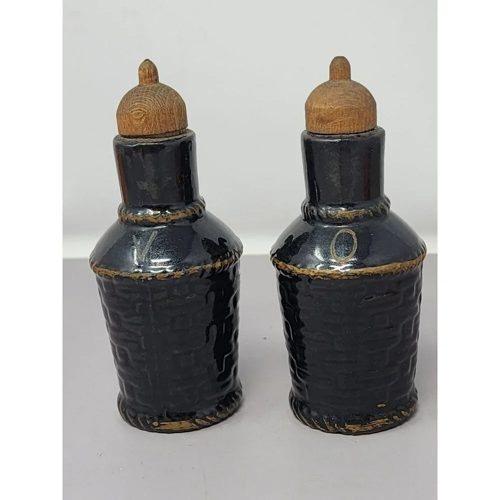 Vintage Black Ceramic Oil & Vinegar Cruet Set With Cork Stoppers Retro MCM Decor
